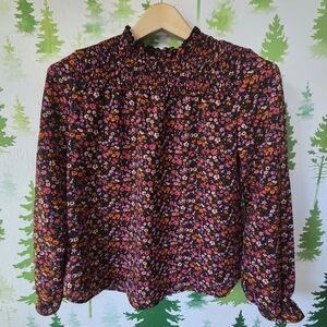 Chic Floral Smocked Blouse - Black and Pink